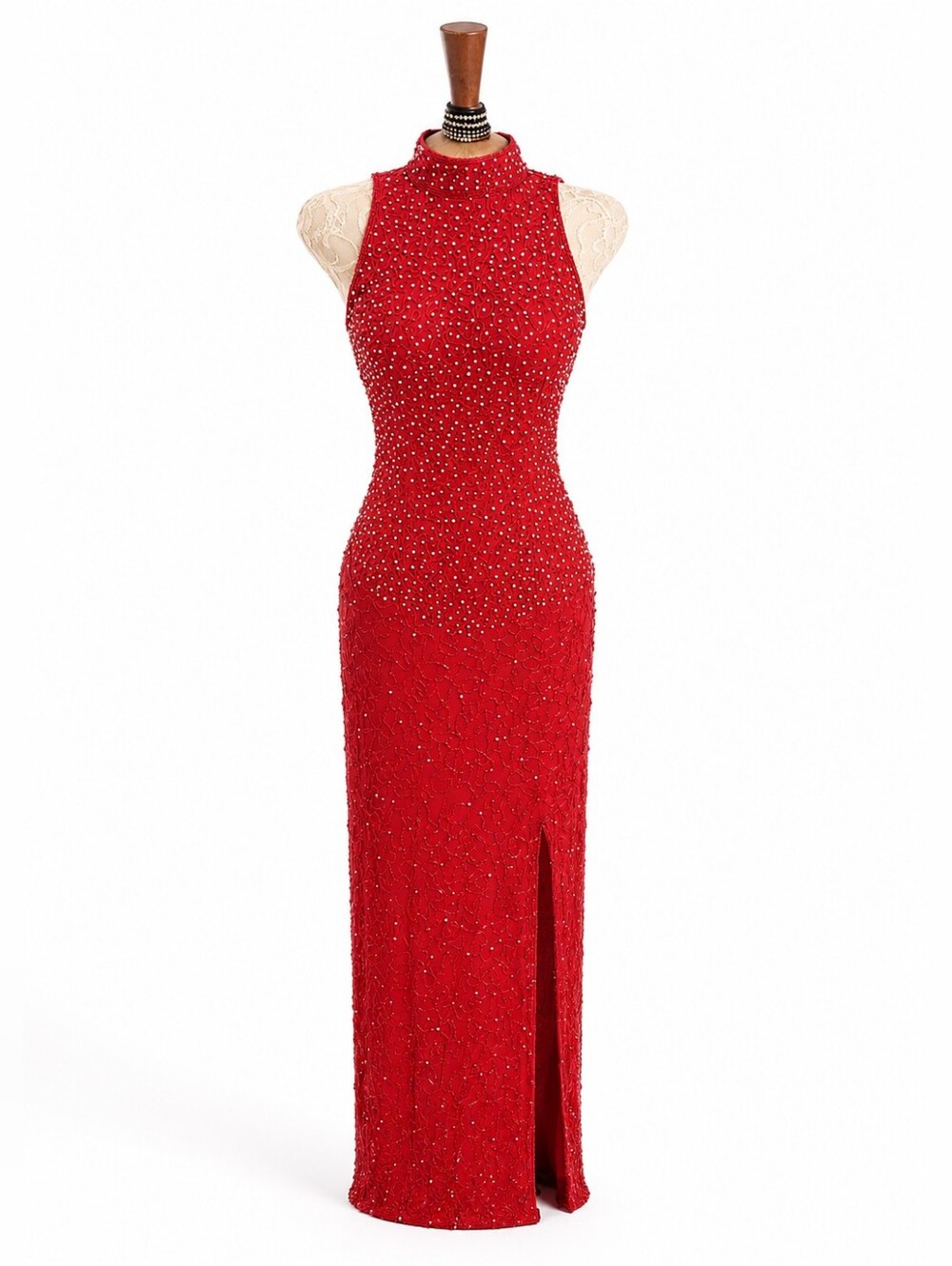 Red Silk Fully Beaded Michaelangelo Y2K Evening Gown Dress XS